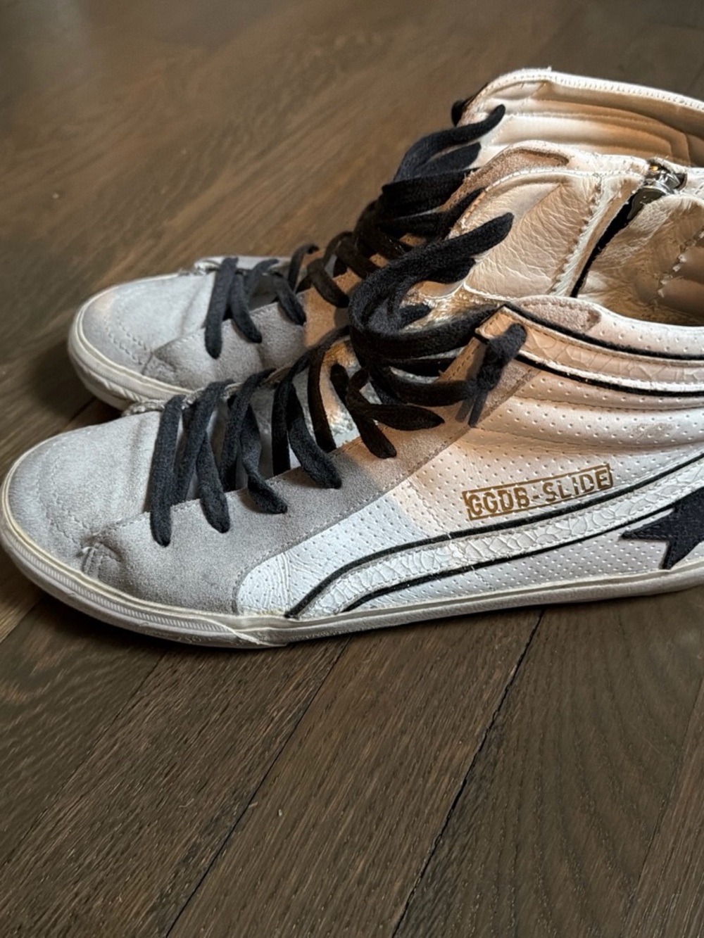 Golden Goose Slide High-Top Sneakers in White, Gray and Black